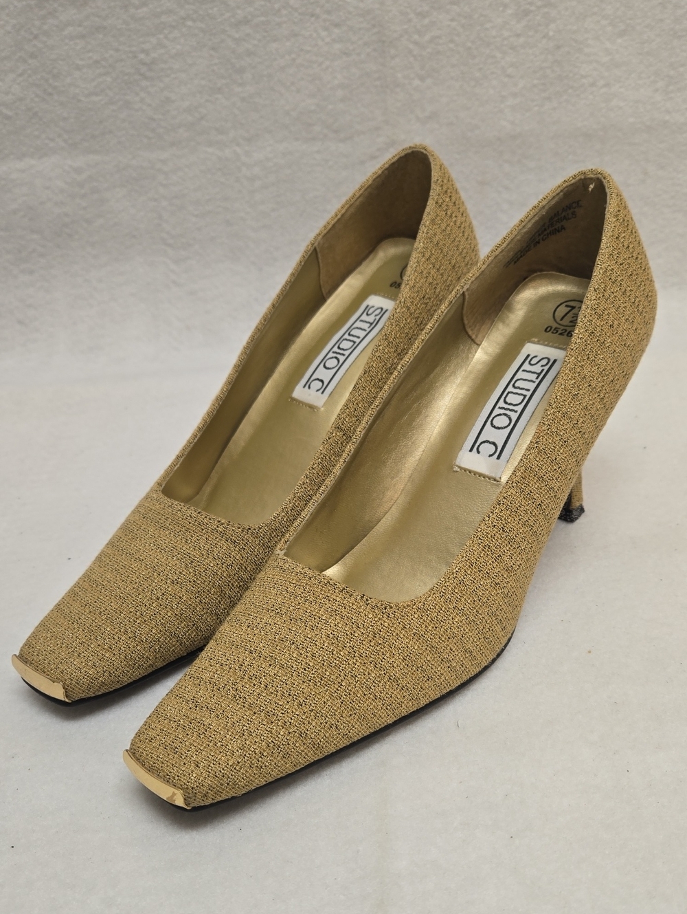 Studio C Textured Camel Mid-Heel Pumps with Metallic Toe Accent